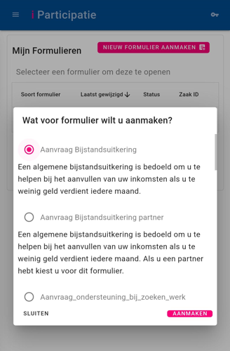 Screenshot iParticipatie: aanvraag Bijstandsuitkering